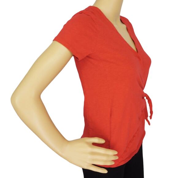 2/$15 J. Crew Cotton Wrap Side-Tie Top Red Short Sleeve V-Neck Size XXS - Picture 3 of 8